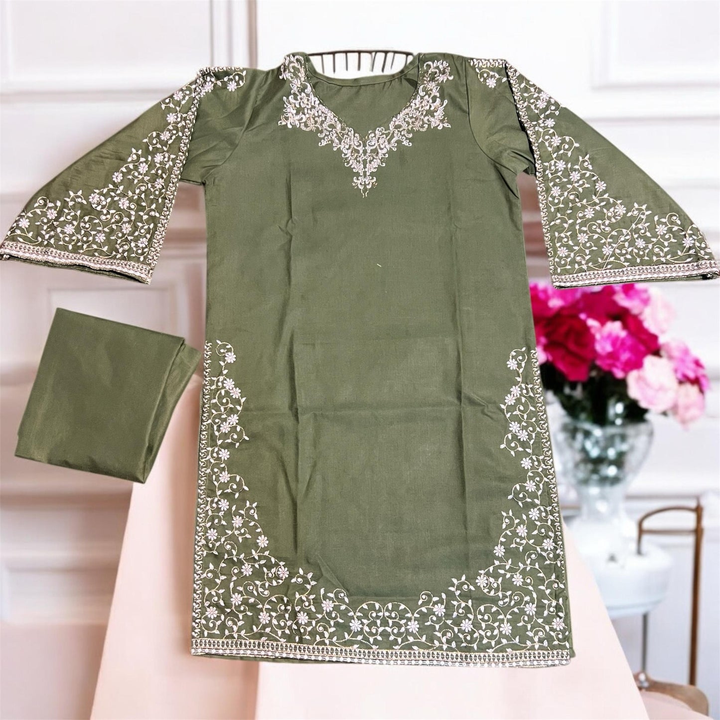 Stylish Embroidered Cotton 2 piece Stitched Dress for Girls